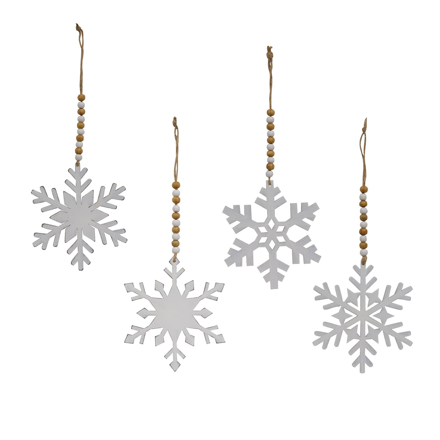 White Snowflake Wood Beaded Christmas Ornament, 4 Assorted