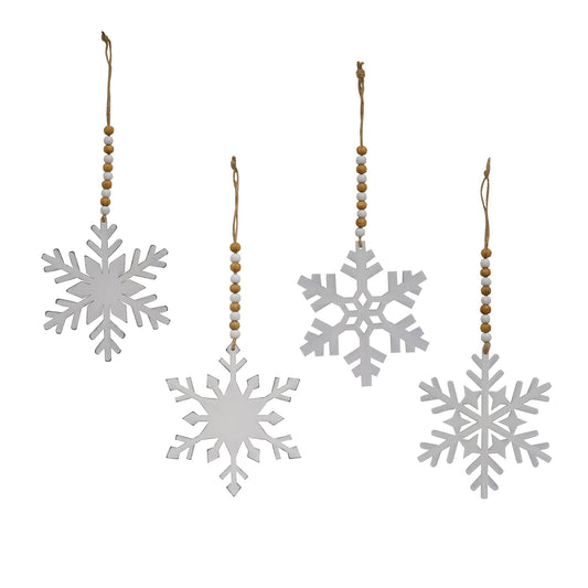 White Snowflake Wood Beaded Christmas Ornament, 4 Assorted