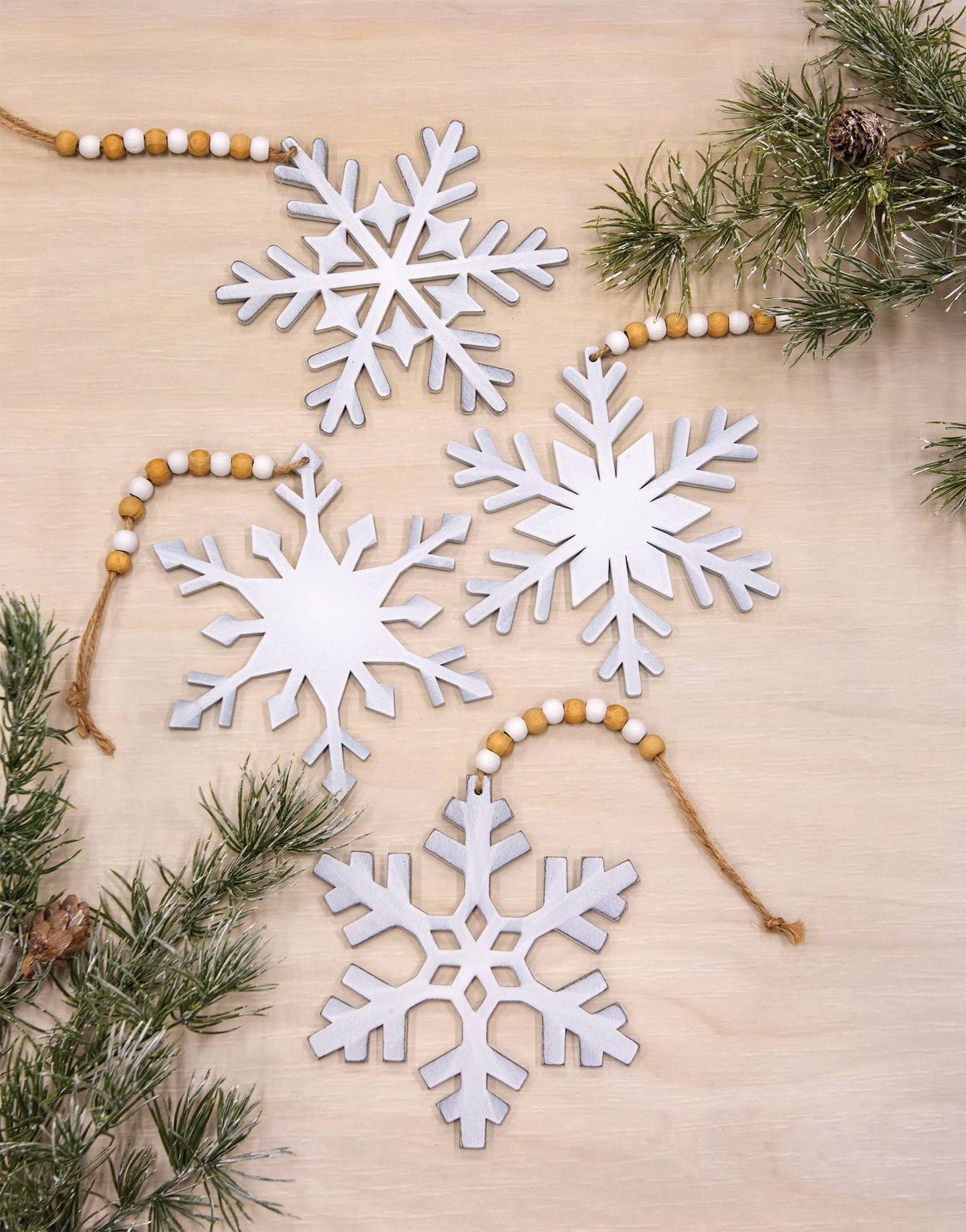 White Snowflake Wood Beaded Christmas Ornament, 4 Assorted