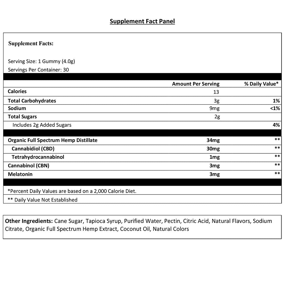 900mg Full Spectrum Sleep Gummies (30mg CBD, 3mg CBN, 3mg Melatonin, 1mg THC/serving) Mixed Berry (Qty 30)