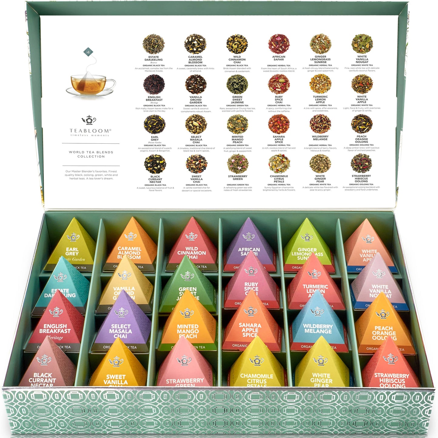 Teabloom World Pyramid Tea Collection, 24 Organic Teas